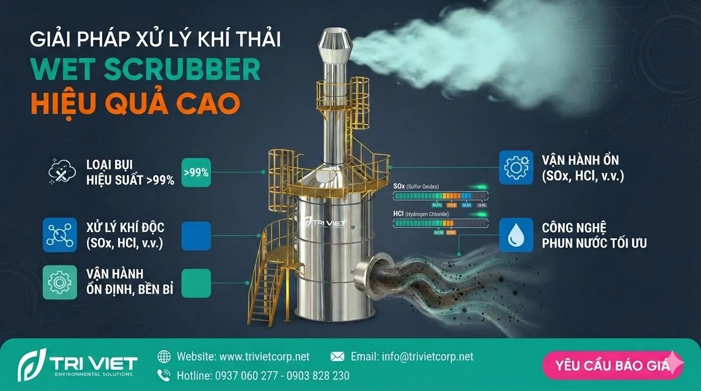 Wet Scrubber hấp thụ khí thải đa thành phần ô nhiễm, hơi dung môi, hơi axit, SO2