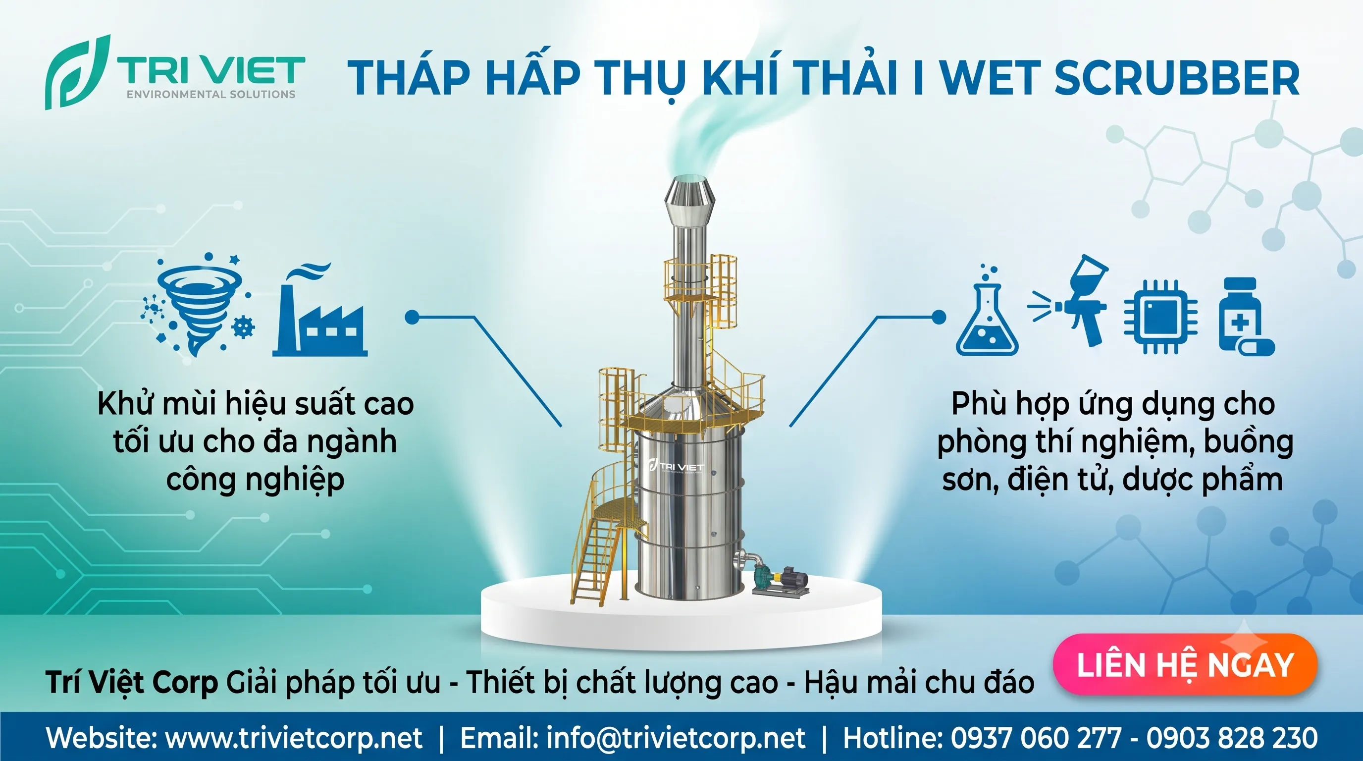 Wet Scrubber hấp thụ khí thải đa thành phần ô nhiễm, hơi dung môi, hơi axit, SO2