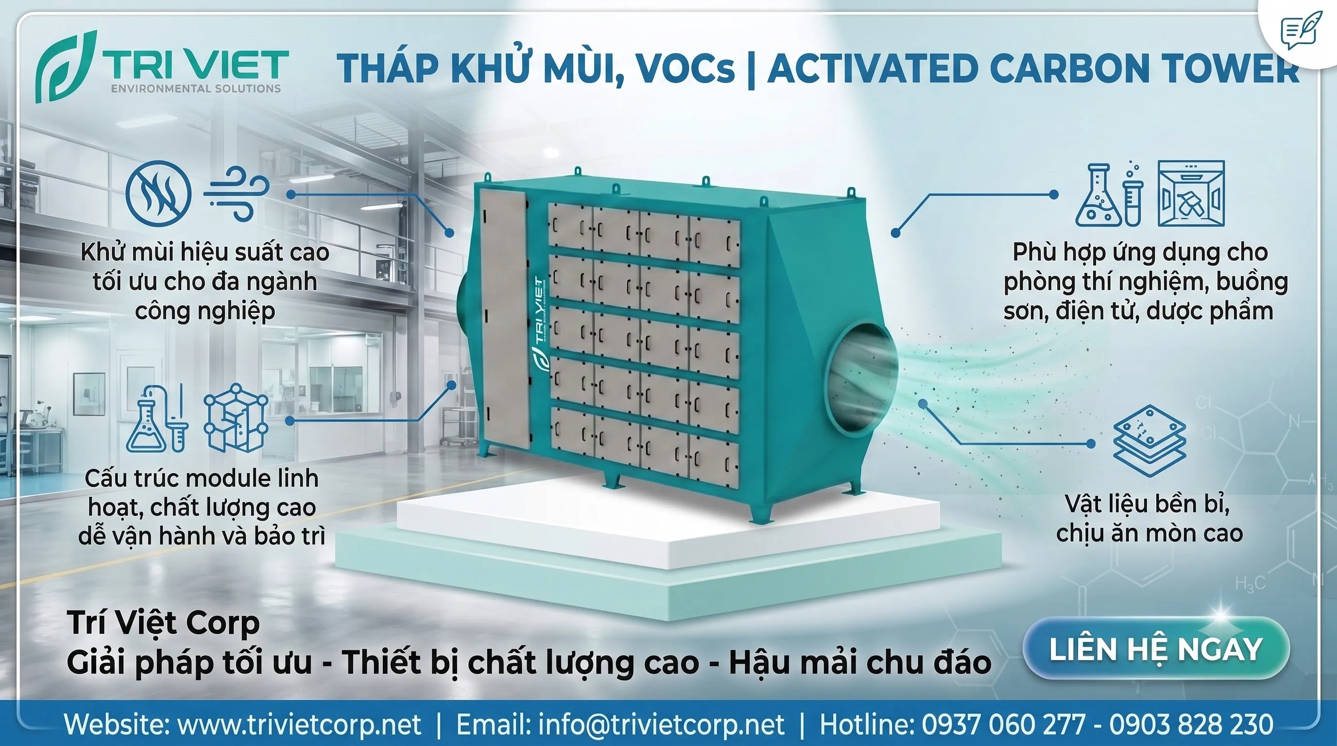 Xử lý mùi khí thải VOCs – Xử lý mùi khí thải, VOCs bằng hấp phụ than hoạt tính Activated Carbon Tower – Giải Pháp Kỹ Thuật Trí Việt Corp